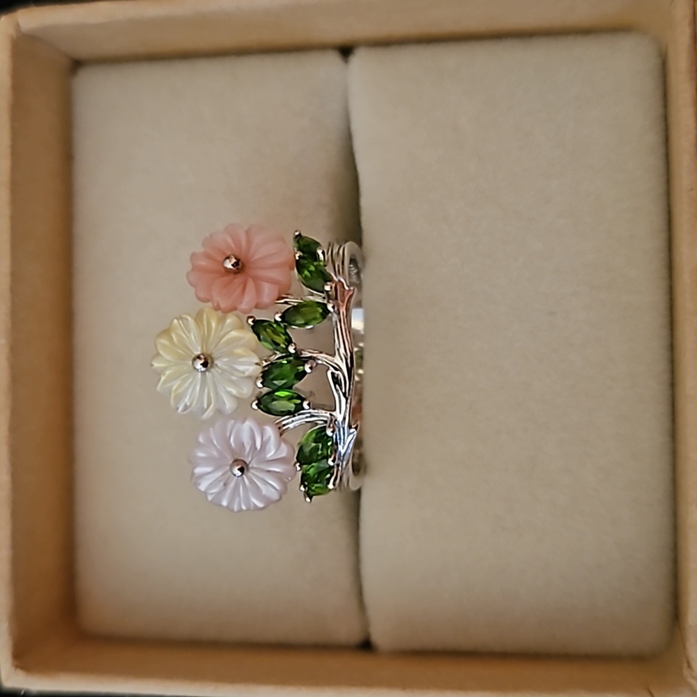 Multi Color Mother of Pearl and Natural Russian Diopside Floral Ring